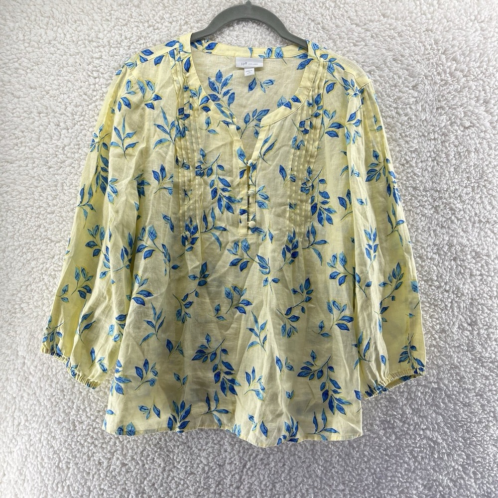 J Jill Love Linen Floral Blouse Petite Medium Yellow Blue Coastal Cottagecore
